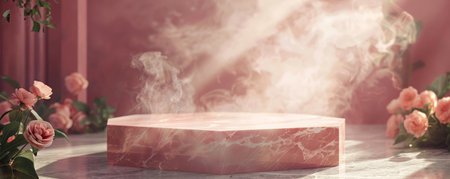 An empty pink marble table podium in a chic room, with soft smoke creating a dreamy and romantic ambiance.の素材