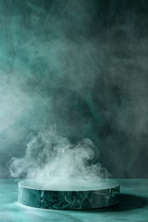 Empty teal marble table podium in room with subtle smoke, creating a peaceful, tranquil settingの素材
