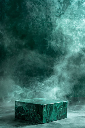 Empty emerald marble table podium in room with wisps of smoke, adding a touch of luxuryの素材