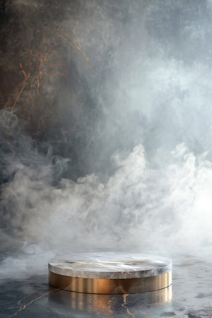 Empty bronze marble table podium in room with shimmering smoke, evoking a sense of timeless eleganceの素材