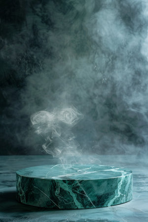 Empty teal marble table podium in room with subtle smoke, creating a peaceful, tranquil settingの素材