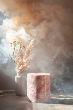 Empty pink marble table podium in room with soft smoke, creating a romantic ambianceの素材