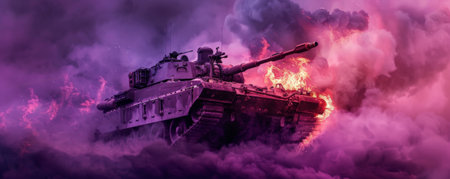 An armored personnel carrier on fire with roaring flames and dense smoke rising, isolated on a deep purple background, creating a dramatic visual contrast.の素材