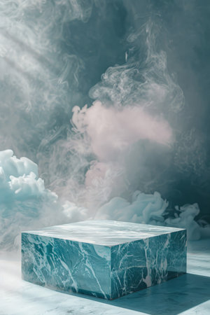 Empty turquoise marble table podium in room with light smoke, creating a calm and serene environmentの素材