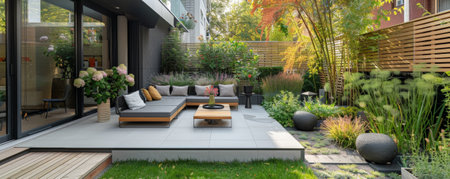 A modern garden terrace with container gardens, modular furniture, and a mix of herbs, flowers, and decorative grasses.の素材
