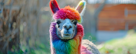 A cheerful alpaca with wool in rainbow colors Ã¢â¬â red, orange, yellow, green, blue, and purple Ã¢â¬â set against a soft gray backdrop. The bright colors create a lively contrast with the neutral background.の素材
