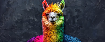 A cheerful alpaca with wool in rainbow colors Ã¢â¬â red, orange, yellow, green, blue, and purple Ã¢â¬â set against a dark gray backdrop. The bright colors create a lively contrast with the dark background.の素材