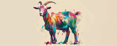A charming goat with wool in a mix of bright and pastel colors, including pink, blue, green, and purple, standing against a beige backdrop. The colorful wool stands out softly against the neutral background.の素材