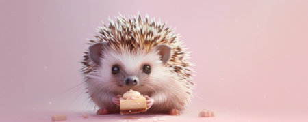 A charming hedgehog enjoying a piece of fudge, set against a pale pink backdrop. The hedgehog's spines are slightly raised, and the fudge looks rich and tasty.の素材