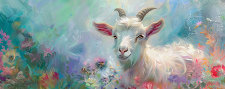 A charming goat with colorful wool in pastel hues of pink, lavender, and mint green, standing in a flower-filled meadow. The gentle colors of the wool create a soft and enchanting scene.の素材