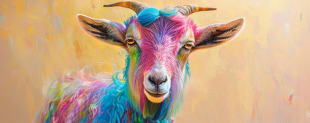 A charming goat with wool in a mix of bright and pastel colors, including pink, blue, green, and purple, standing against a beige backdrop. The colorful wool stands out softly against the neutral background.の素材