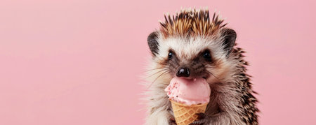 A charming hedgehog enjoying a cookies and cream ice cream cone, set against a pale pink backdrop. The hedgehog's spines are slightly raised, and the ice cream looks delectable.の素材