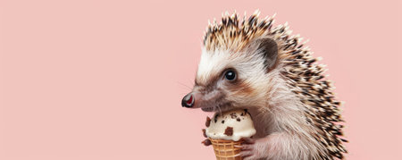 A charming hedgehog holding a cookies and cream ice cream cone, set against a pale pink backdrop. The hedgehog's spines are slightly raised, and the ice cream looks delectable.の素材