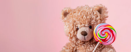 A cheerful bear cub holding a lollipop, standing against a soft pink backdrop. The bear's fur is fluffy, and the lollipop looks colorful and sweet.の素材