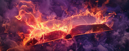 A book consumed by flames, with glowing embers and swirling smoke, isolated on a deep purple background, creating a powerful image.の素材