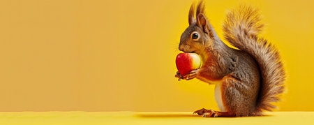 A cheerful squirrel with a candy apple, sitting against a soft yellow backdrop. The squirrel's tail is bushy, and the candy apple looks sweet and crunchy.の素材