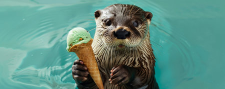 A charming otter with a pistachio ice cream cone, floating against a teal backdrop. The otter's fur is sleek, and the ice cream looks nutty.の素材
