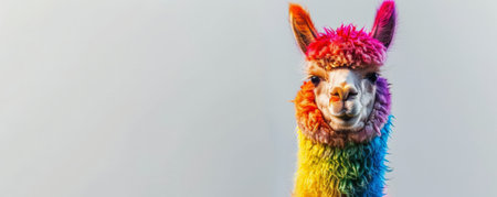 A cheerful alpaca with wool in rainbow colors Ã¢â¬â red, orange, yellow, green, blue, and purple Ã¢â¬â set against a soft gray backdrop. The bright colors create a lively contrast with the neutral background.の素材