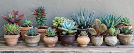 A collection of different succulent plants arranged in small, decorative pots on a wooden table. The plants vary in size, shape, and color, creating a lush and visually appealing display.の素材