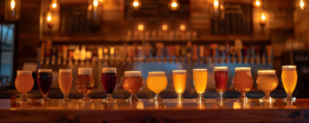 A collection of beer glasses, each containing a different brew, arranged on a polished wooden bar with soft, warm lighting to create an inviting and cozy atmosphere.の素材
