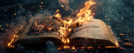 A close-up of a burning open book, with intense flames, glowing embers scattering, and thick smoke rising from the charred pages.の素材