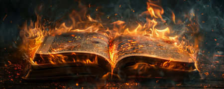 A close-up of a burning open book, with intense flames, glowing embers scattering, and thick smoke rising from the charred pages.の素材