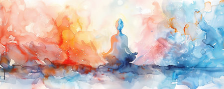 A calming watercolor painting showing a figure in lotus pose, surrounded by a gentle, abstract aura of pastel colors, symbolizing inner peace and harmony.の素材
