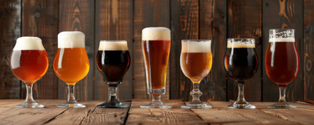 A collection of different glasses of beer arranged on a rustic wooden table, showcasing a variety of beer types from pale ales to dark stouts. Each glass highlights the unique color and foam characteristic of its brew.の素材