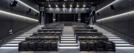 A contemporary theater auditorium with ergonomic, cushioned seats in a neutral gray palette, sleek design, and state-of-the-art lighting. The modern furniture provides both comfort and style.の素材