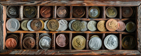A collection of different types of coins displayed in a wooden box. The assortment includes various sizes, shapes, and designs, each coin highlighting its unique history and value.の素材