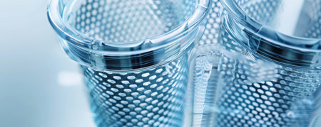 A close-up of a high-tech water filter cartridge, showing the intricate mesh and layers designed to purify water, set against a clean, minimalist background.の素材