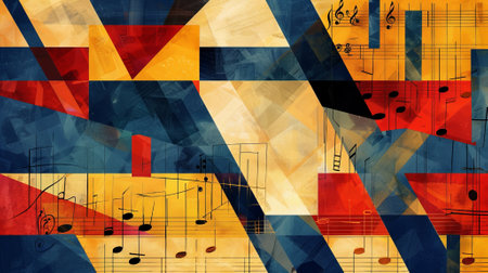 A bold, colorful background with abstract shapes and sheet music notes, creating a visually striking and musical theme.の素材