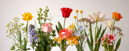 A collection of different types of flowers arranged in a glass vase. The assortment includes roses, tulips, and daisies, each flower highlighting its unique color and shape.の素材
