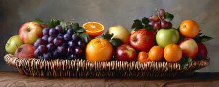 A collection of different types of fruit displayed in a woven basket. The assortment includes apples, oranges, and grapes, each piece highlighting its unique color and texture.の素材