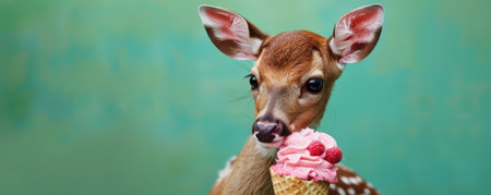 A charming deer fawn with a raspberry ripple ice cream cone, sitting against a green backdrop. The fawn's spots are visible, and the ice cream looks delectable.の素材