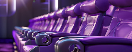 A chic theater auditorium featuring plush purple seats, stainless steel armrests, and minimalist design elements. The stylish furniture adds a touch of modern luxury.の素材
