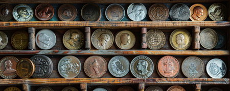 A collection of different types of coins displayed in a wooden box. The assortment includes various sizes, shapes, and designs, each coin highlighting its unique history and value.の素材