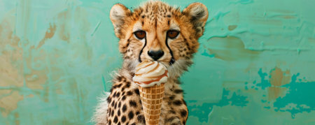 A cute cheetah cub holding a caramel and vanilla swirl ice cream cone, sitting against a green backdrop. The cheetah's spots are distinct, and the ice cream looks delicious.の素材