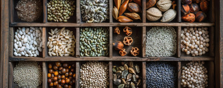 A collection of different types of seeds displayed in a wooden box. The assortment includes various shapes, sizes, and colors, each seed highlighting its unique texture and appearance.の素材