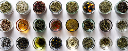 A collection of different types of tea leaves displayed in small, clear containers. The assortment includes green, black, and herbal teas, each variety highlighting its unique aroma and appearance.の素材