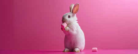 A cute bunny holding a marshmallow, standing against a bright pink backdrop. The bunny's ears are perked, and the marshmallow looks soft and fluffy.の素材
