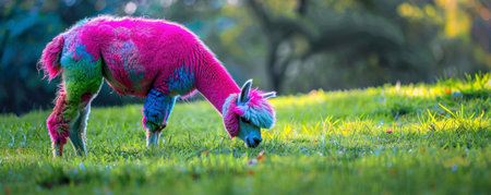 A charming alpaca with wool in shades of neon colors like hot pink, electric blue, and lime green, grazing in a vibrant green meadow. The bold and bright wool colors make the alpaca a standout in the lush landscape.の素材