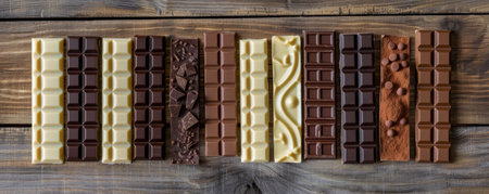A collection of different types of chocolate bars arranged on a wooden table. The assortment includes dark, milk, and white chocolates, each piece highlighting its unique flavor and texture.の素材