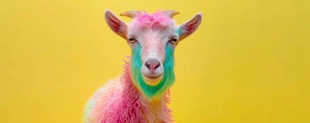 A cute goat with wool in neon shades of pink, green, and blue, standing against a pastel yellow backdrop. The bright colors create a playful contrast with the soft background.の素材