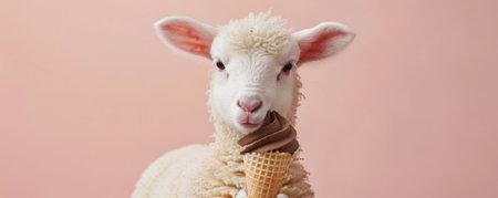 A cute lamb holding a vanilla and chocolate twist ice cream cone, standing against a light pink backdrop. The lamb's wool is fluffy, and the ice cream looks creamy.の素材