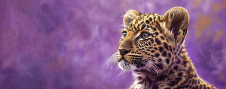 A cute leopard cub holding a licorice twist, sitting against a lavender backdrop. The leopard's spots are vivid, and the licorice looks sweet.の素材