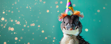A cute platypus in a bright birthday party hat, set against a vibrant green background, looking unique.の素材