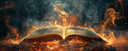 A fiery depiction of an open book being consumed by flames, with glowing embers and dense smoke enveloping the scene.の素材