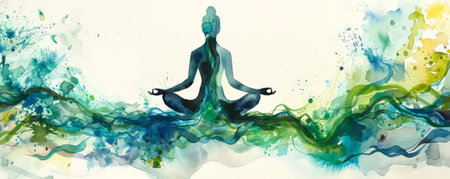 A peaceful watercolor painting featuring a figure in lotus pose, enveloped by a vibrant, abstract aura of greens and blues, set against a white background.の素材