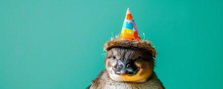 A cute platypus in a bright birthday party hat, set against a vibrant green background, looking unique.の素材